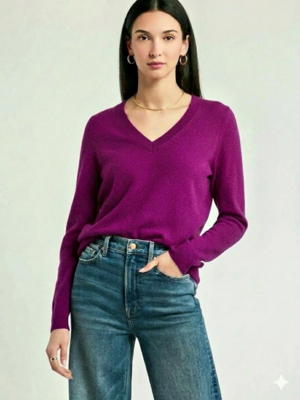 Nordstrom Women's 100% Cashmere Purple V-Neck Pullover Sweater Long Sleeve L